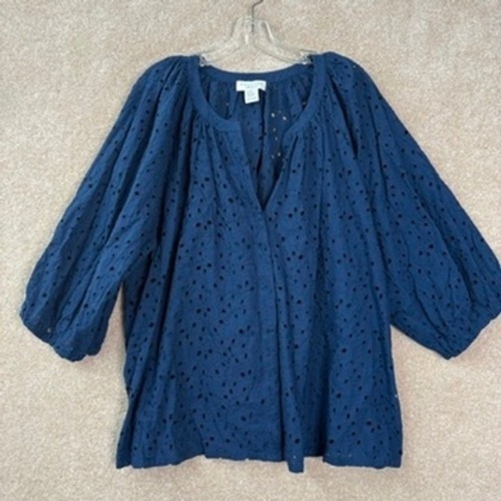 CALYPSO ST BARTH Blouse Womens 2X Blue Eyelet 100% Cotton Puff Sleeve Boho Top